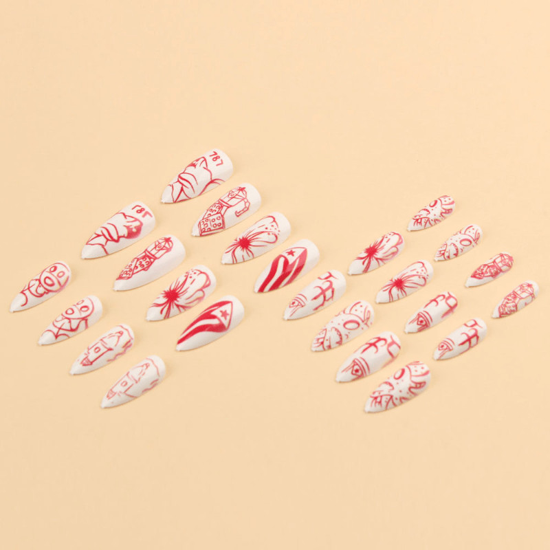 48P Long Almond Press on Nails, Puerto Rico Tribal Hand‑Painted Fake Nails