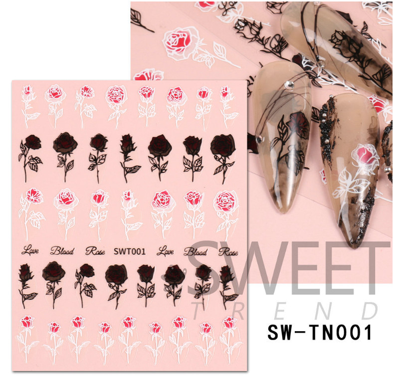 Nail Art Stickers 3D Black White Rose Flower Love Self Adhesive NS48