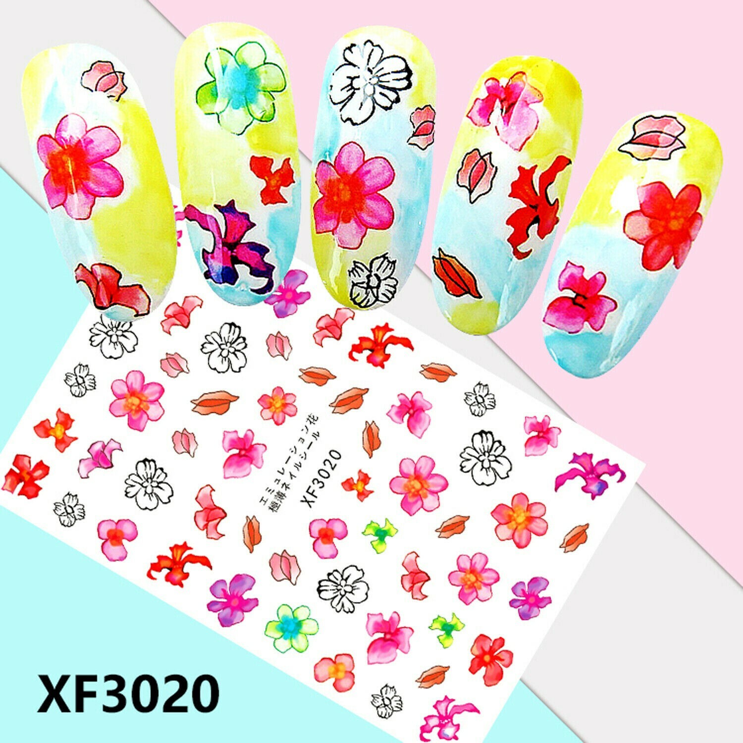 Nail Art 3D Decal Stickers pink purple white green flower XF3020 NS34