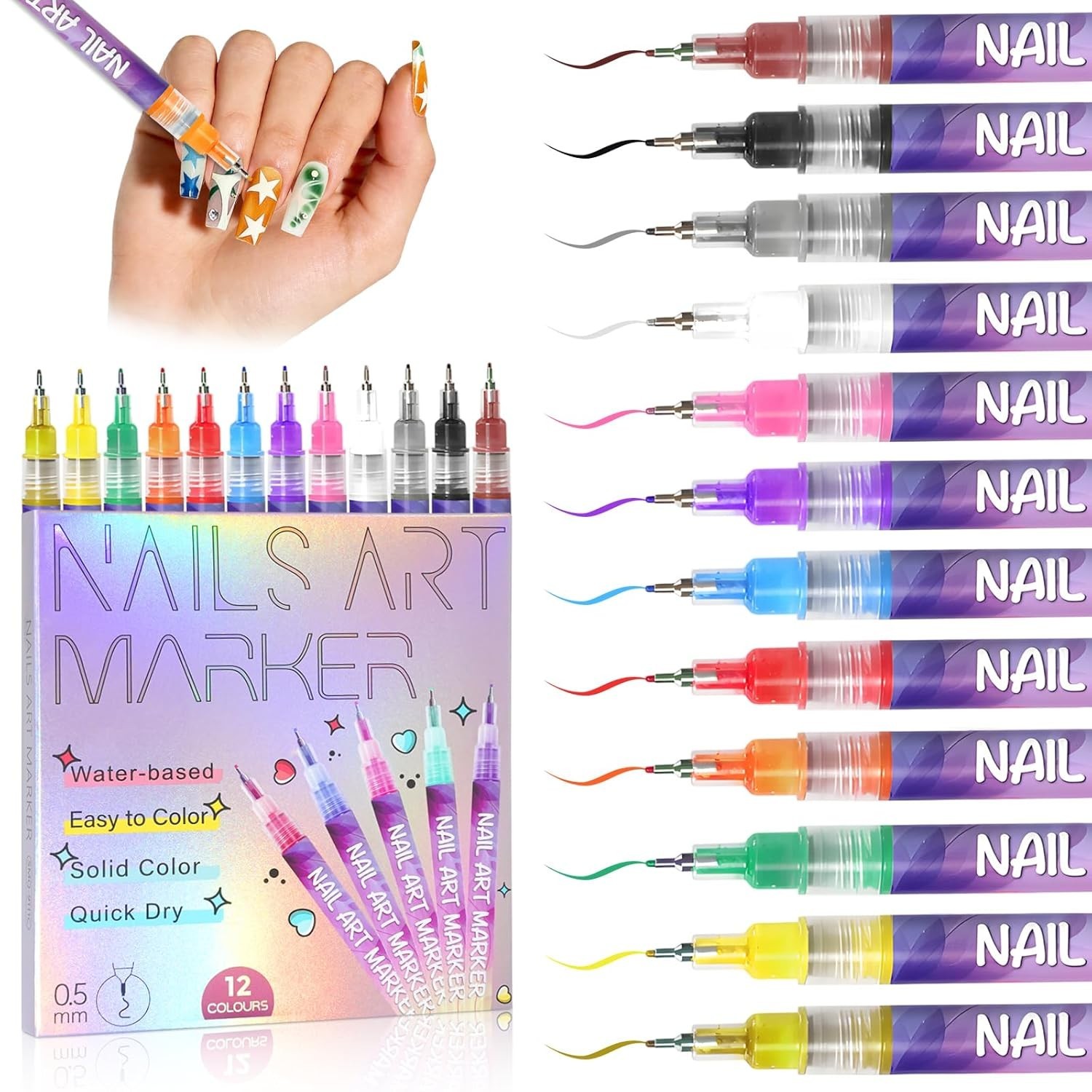 12 Colors Nail Art Marker Pens Set, Nail Markers for Nail Art, Suitable for N…
