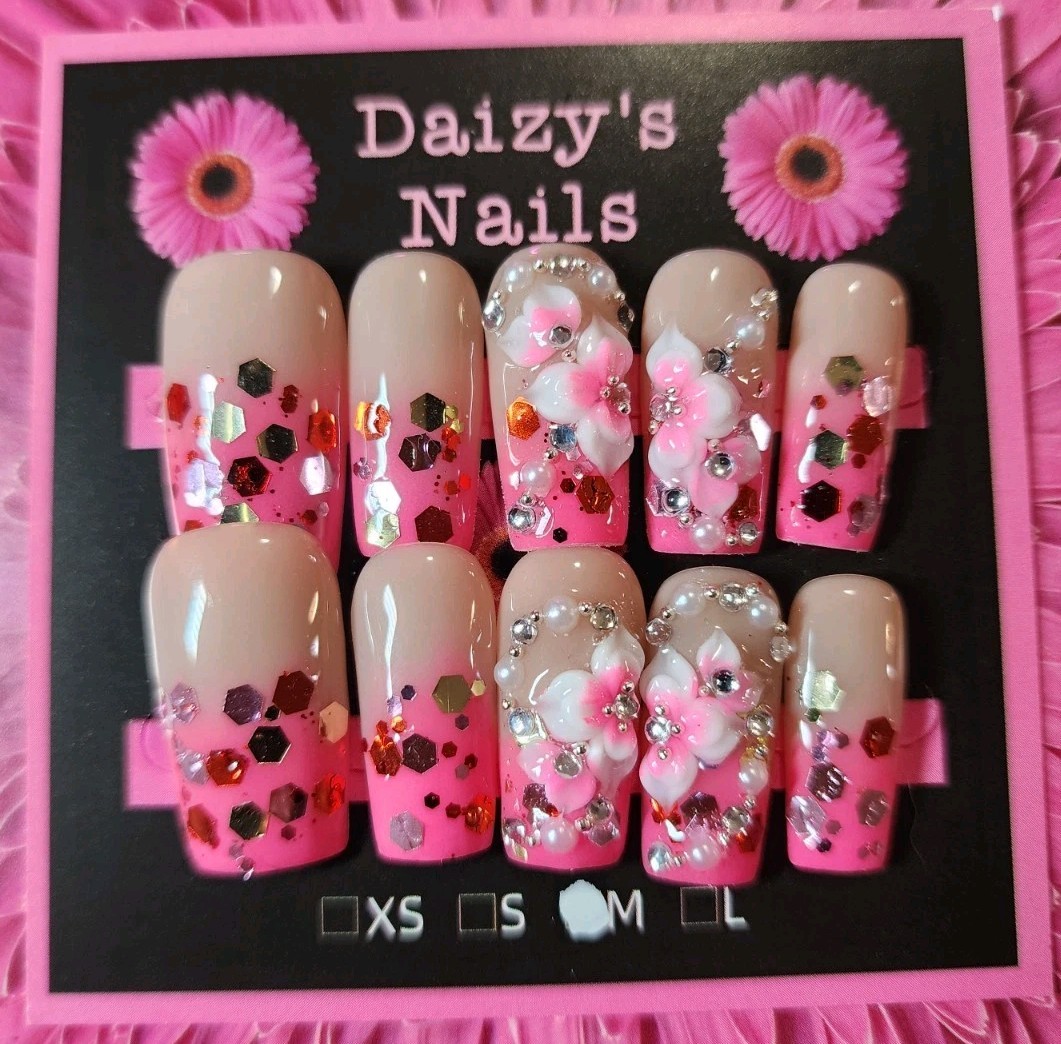Medium Size Pink Chunky Glitter 3D Floral Nail Set Handmade Square 2.5 Cm Length