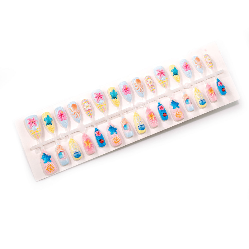 60Pcs Ocean Animal Press on Nails, Medium Almond 3D Turtle Jellyfish Fake Nails