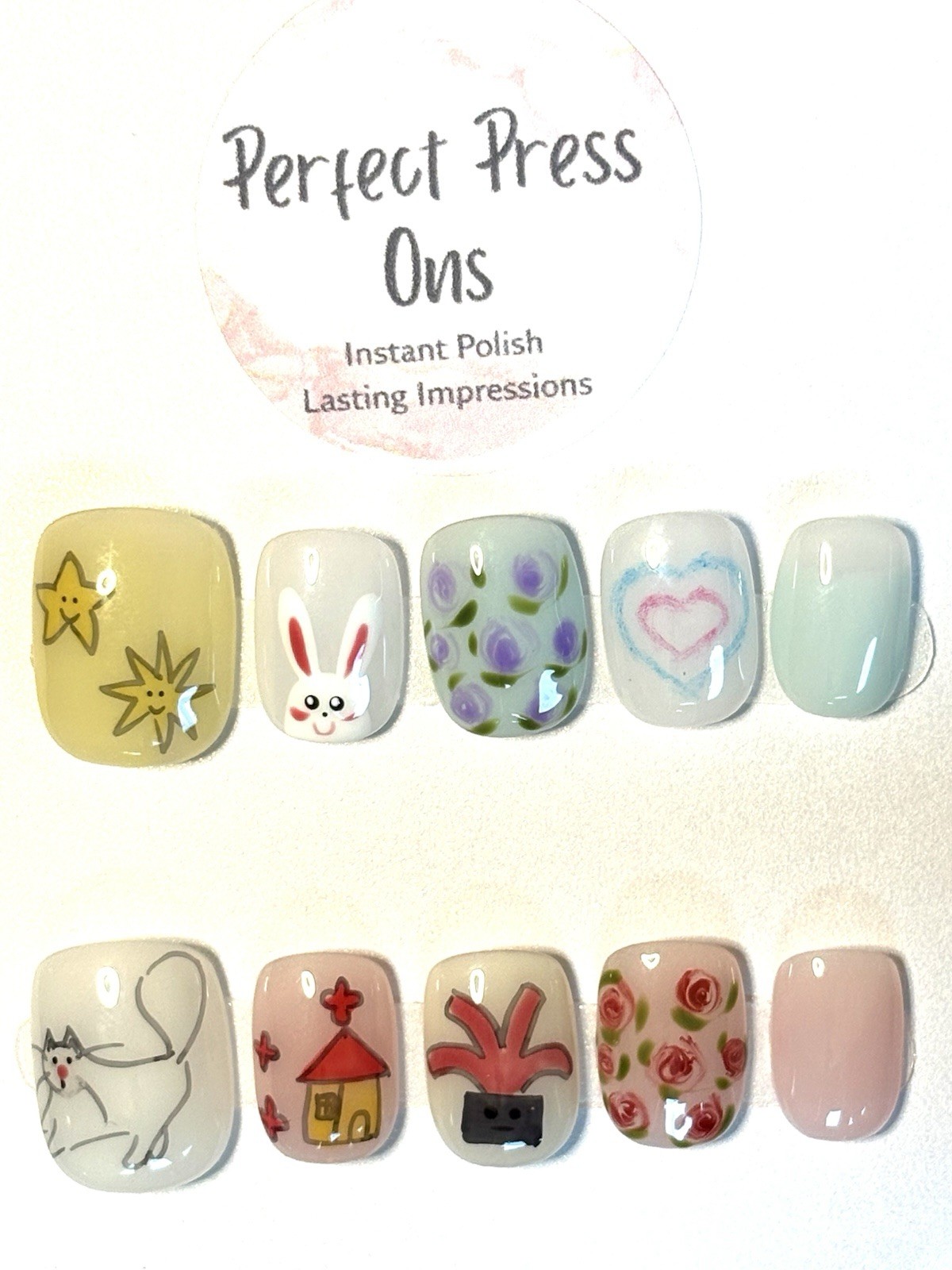 Multi Press On Nails Hand Painted Cute Bunny Miffy Star Flower Handmade Kids L