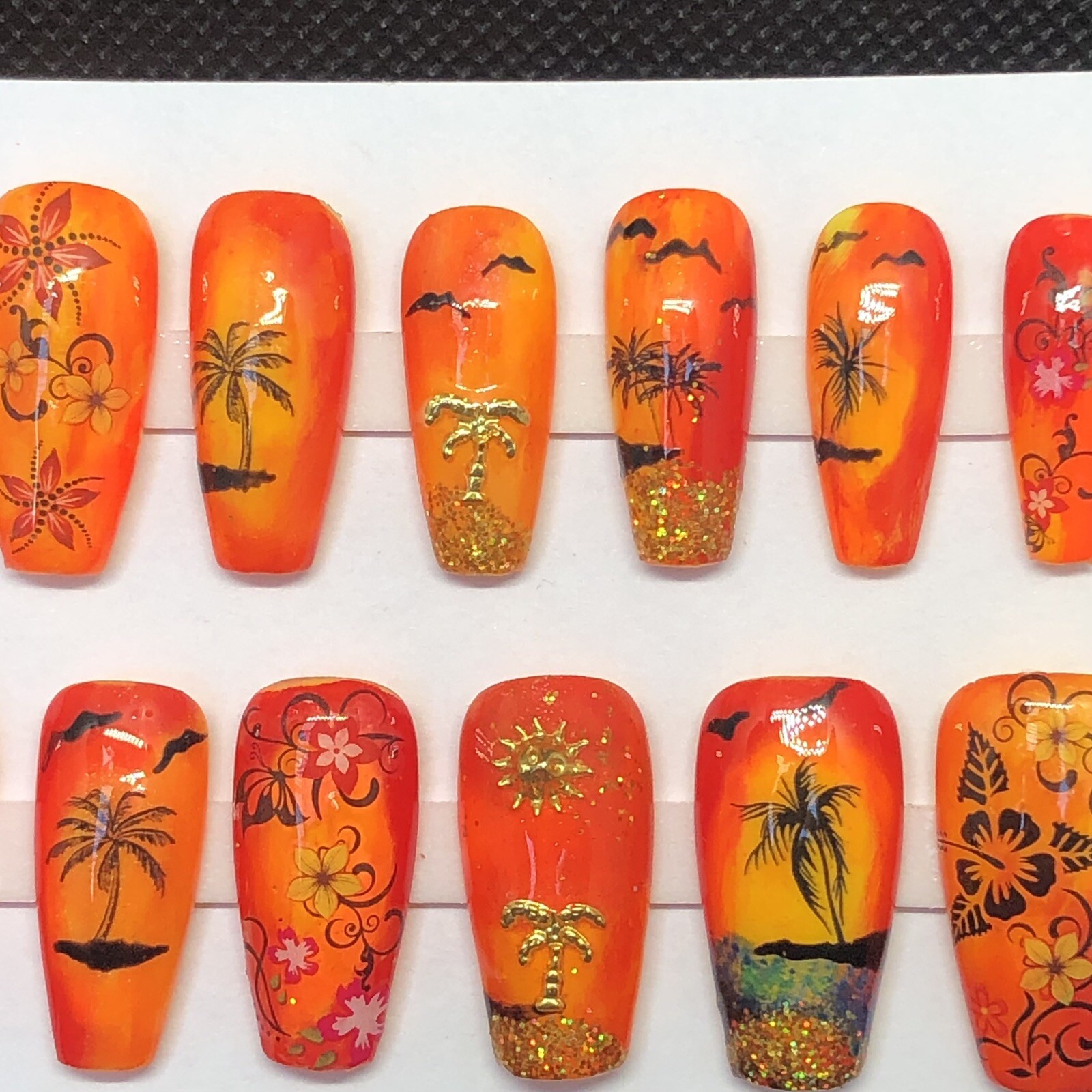 Handmade Custom Press On Nails Long Coffin Shape Summer Tropical Beach Nails