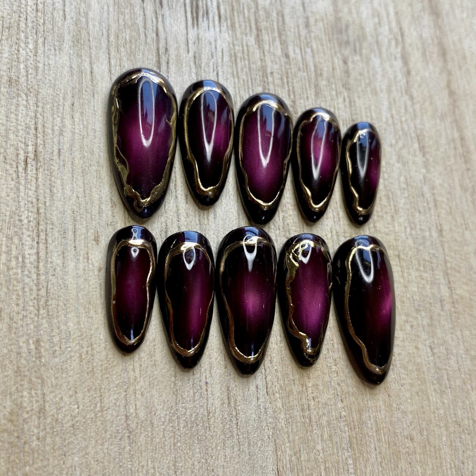 Molten Merlot Press On Nails | Burgundy Cat Eye Nails | Gold Chrome Outline