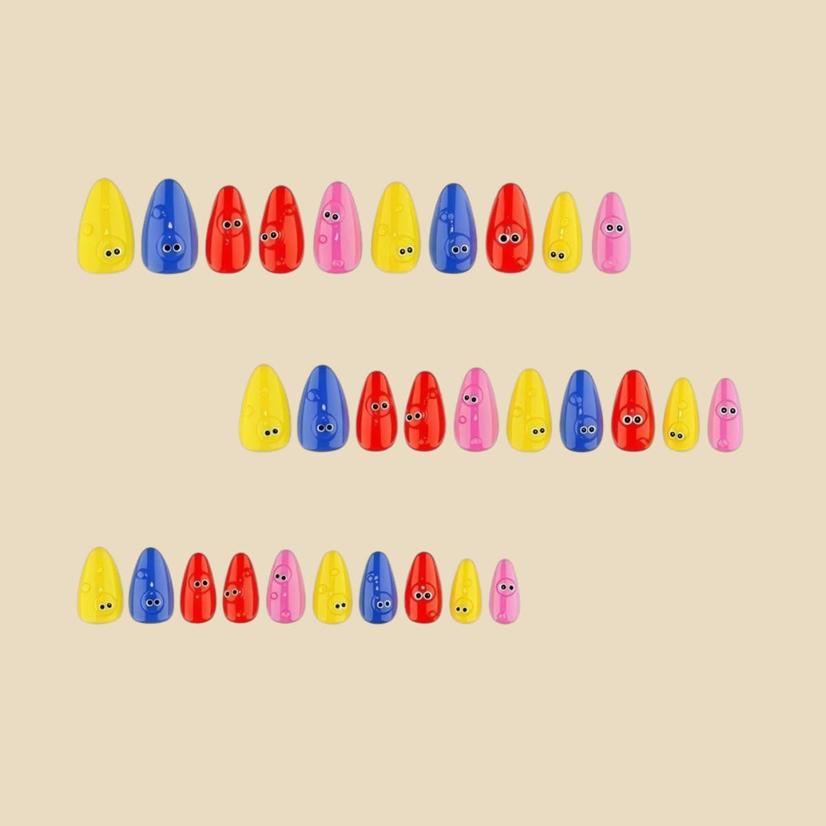 30Pcs Summer Colorful Press on Nails Short Almond Fake Nails with 3D Cartoon Eye