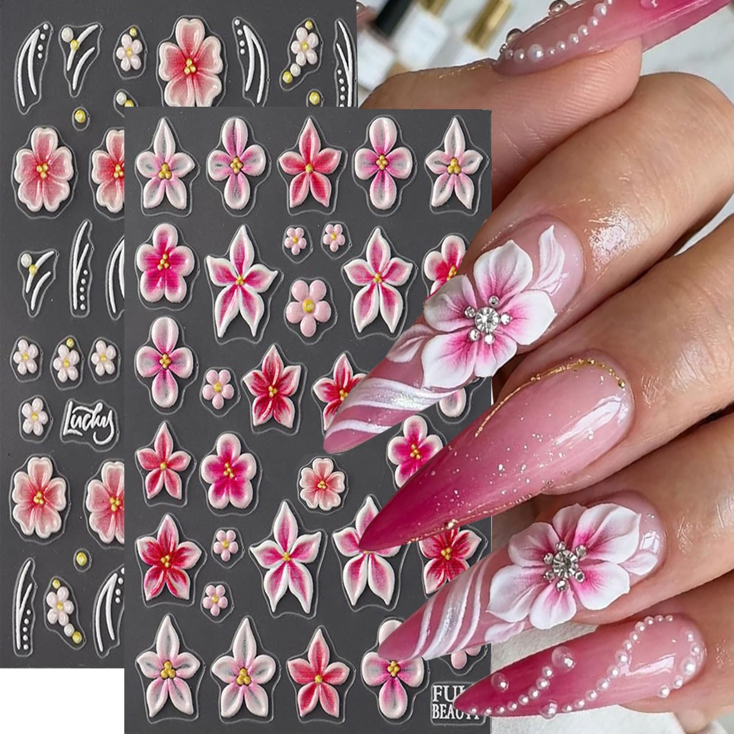 6 Sheets Flower Nail Art Stickers 3D Self -Adhesive Hibiscus Nail Decals Hologra