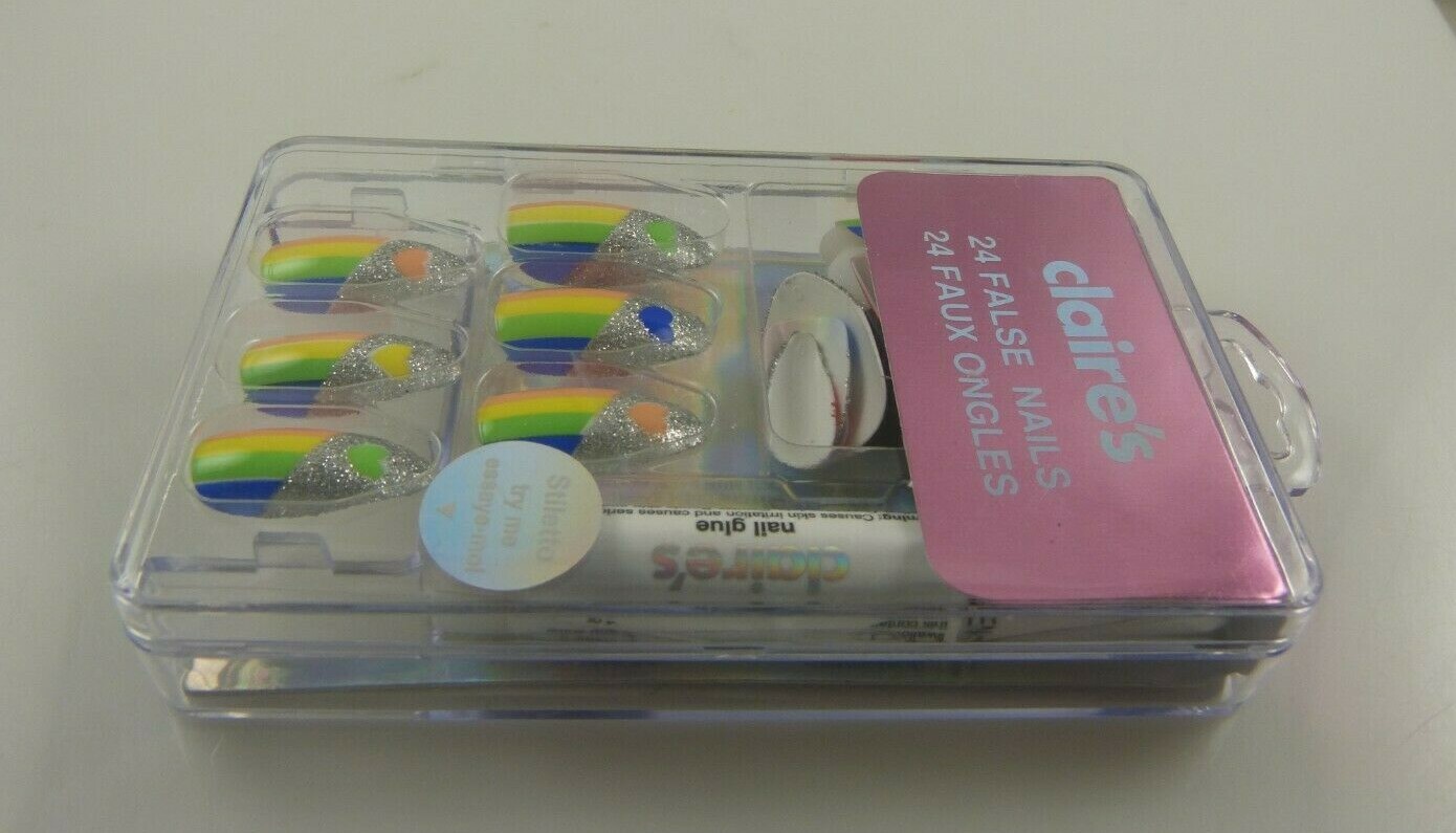 faux nails rainbow stripes colors heart glue elegant silver glitter Claire’s