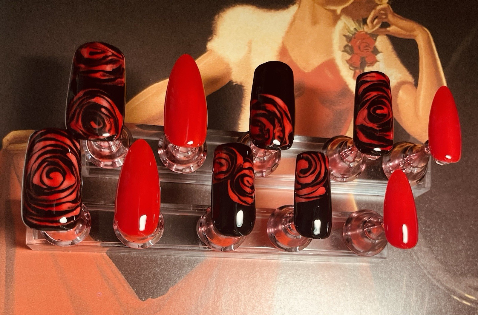 Long Sq and Almond Press-On Nails Full Cover Glossy Red Black Rose Set