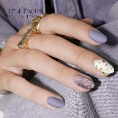 Gel Nail Stickers White Purple Flower Semi Cured Gel Nail Strips Wraps UV/LED