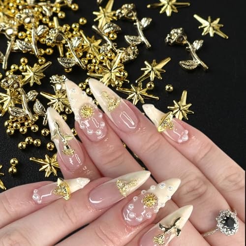 1Bag Metallic Rose Flower Star Nail Art Charms 3D Gold Beads Colorful -20