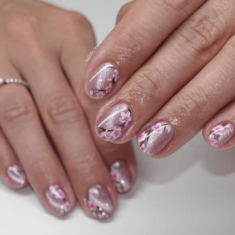 48Pcs-Short Oval Pink Cat Eye Glitter Cherry Blossom Fake Press on Nails Set