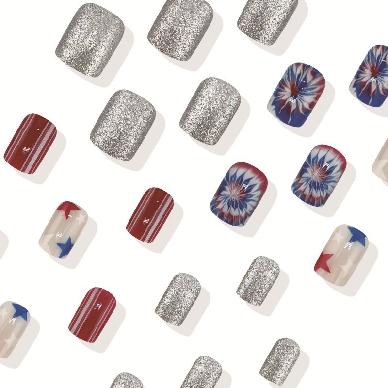 48pcs-USA Tie Dye Star Press on Nails Square Nail Art Set Reusable Handmade