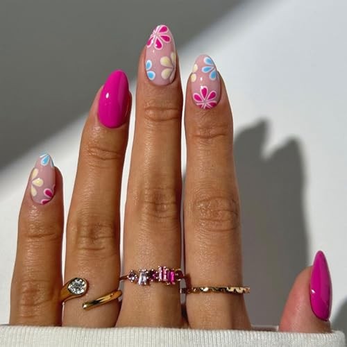 Flower Press on Nails Short Almond Fake Nails Rose Red False Flower Pink-10