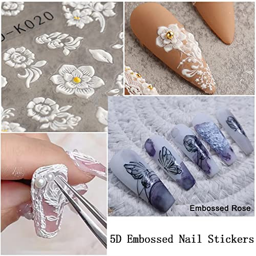White Flowers Nail Art Stickers, 5D Engraved Flower Nail Art Self-Adhesive