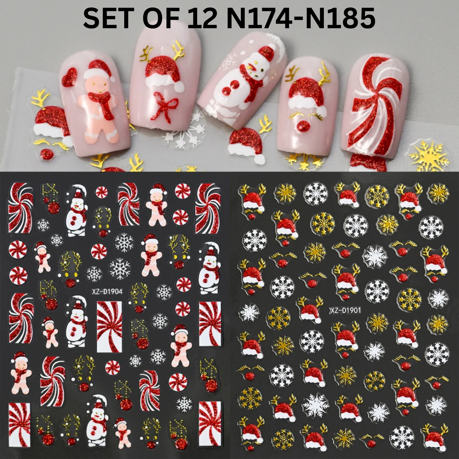 Set of 12 Christmas 3D Nail Decals – Holiday Reindeer, Candy Cane, Santa & Snowf
