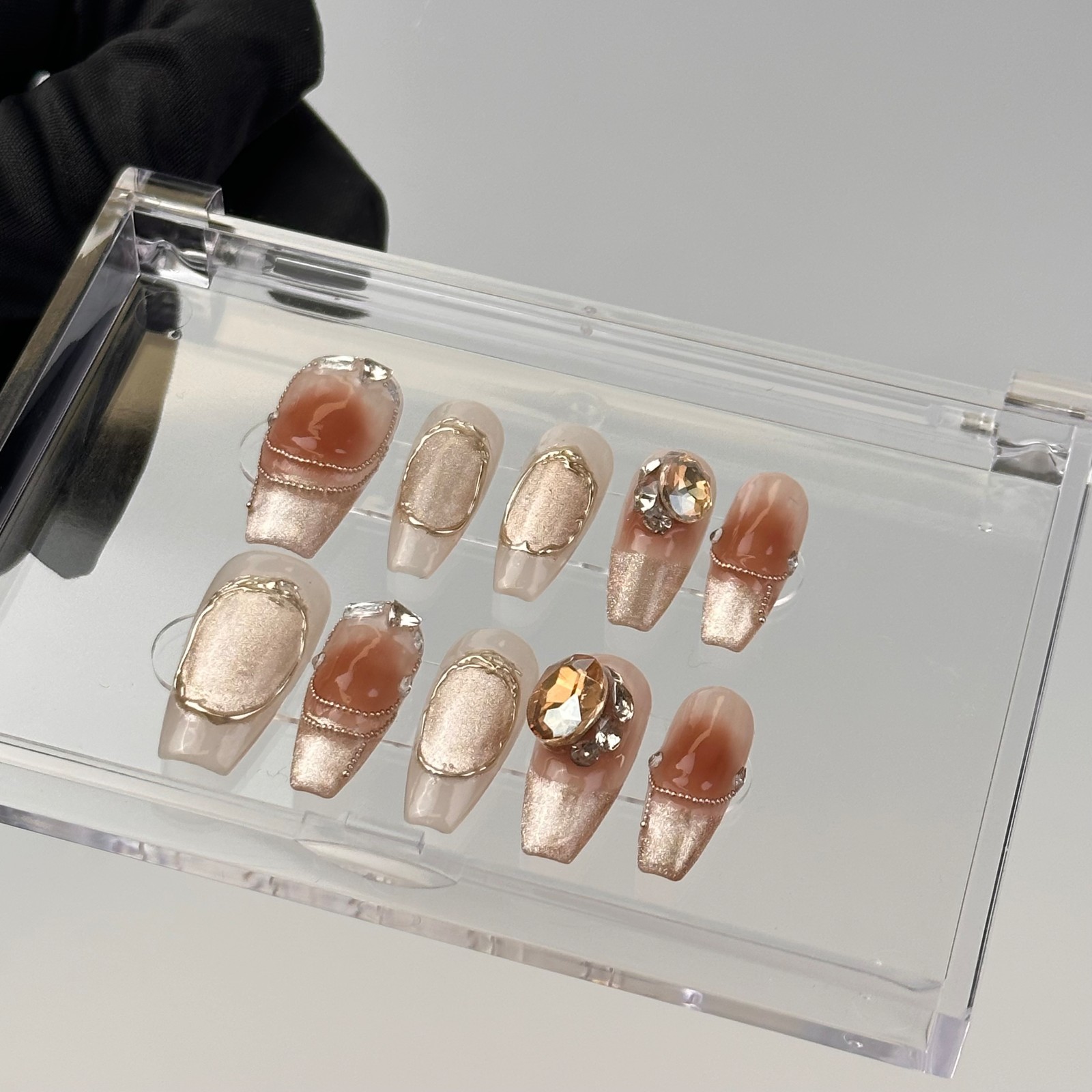 Marble Brown Cat Eye Amber Press On Nails, 3D Gold Luxury Handmade Nail Set