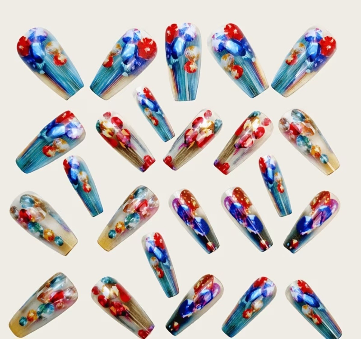 Set Blue and Red Contrast Color Dazzling Gemstone Long Nails, BUY 1 GET 1 GREE