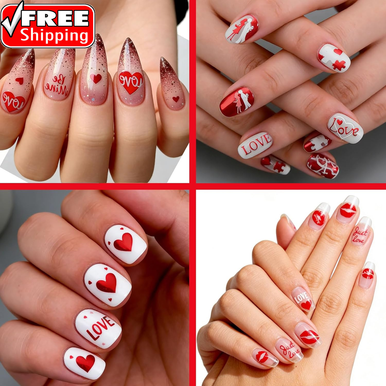6 Sheets Valentine’S Day Nail Stickers, 3D Red & White Heart Nail Art Decals, Gl