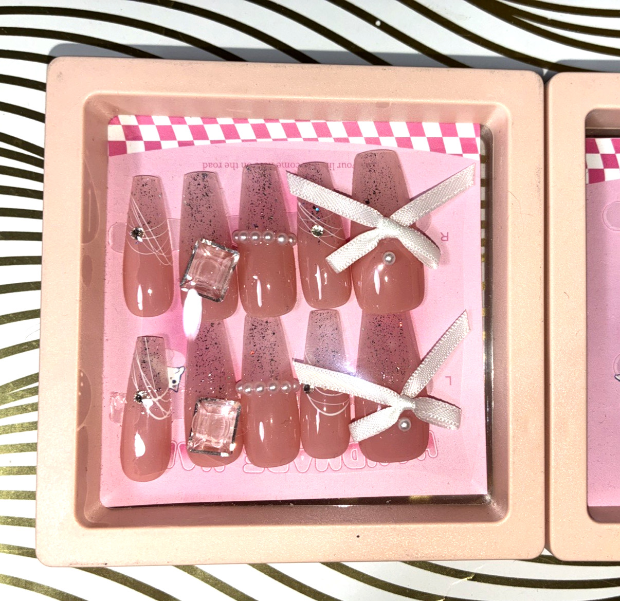 Set of 2 Designer Nail Art Press on Nails Pink & Silver & Purple Embellished
