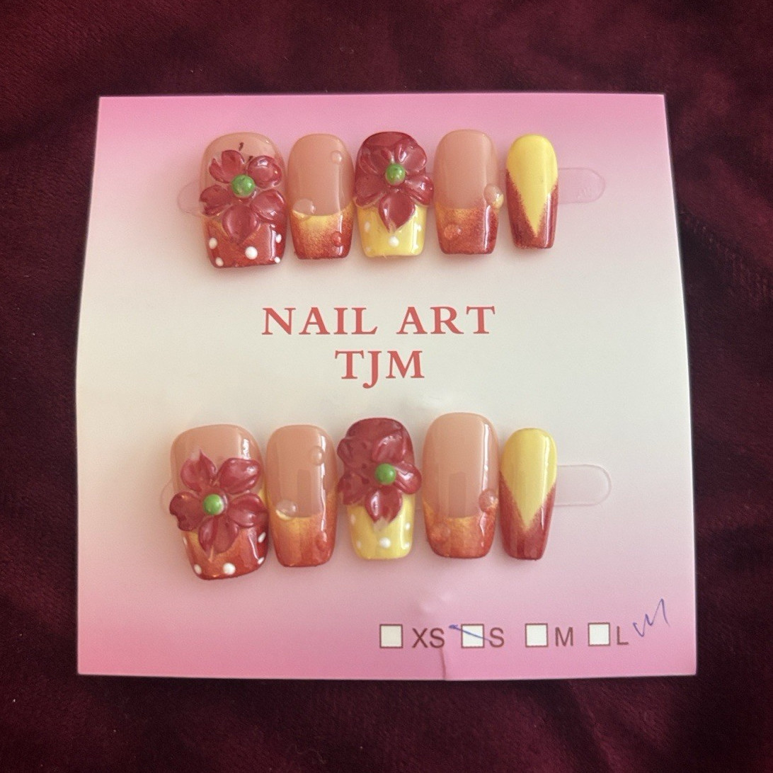 Nail Art TJM Press-On Nails Multicolor 3D Flowers Pre-Designed Small Square