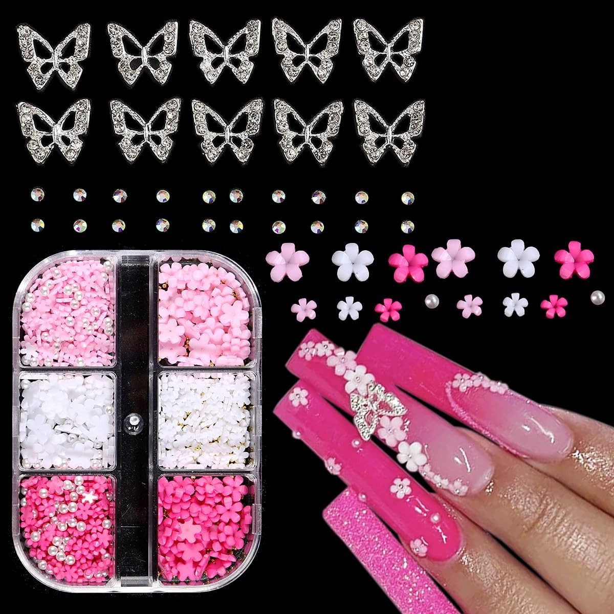 3D Flowers for Nails, 3D Flowers Nail Charms, Metal Butterfly Nail Charms with