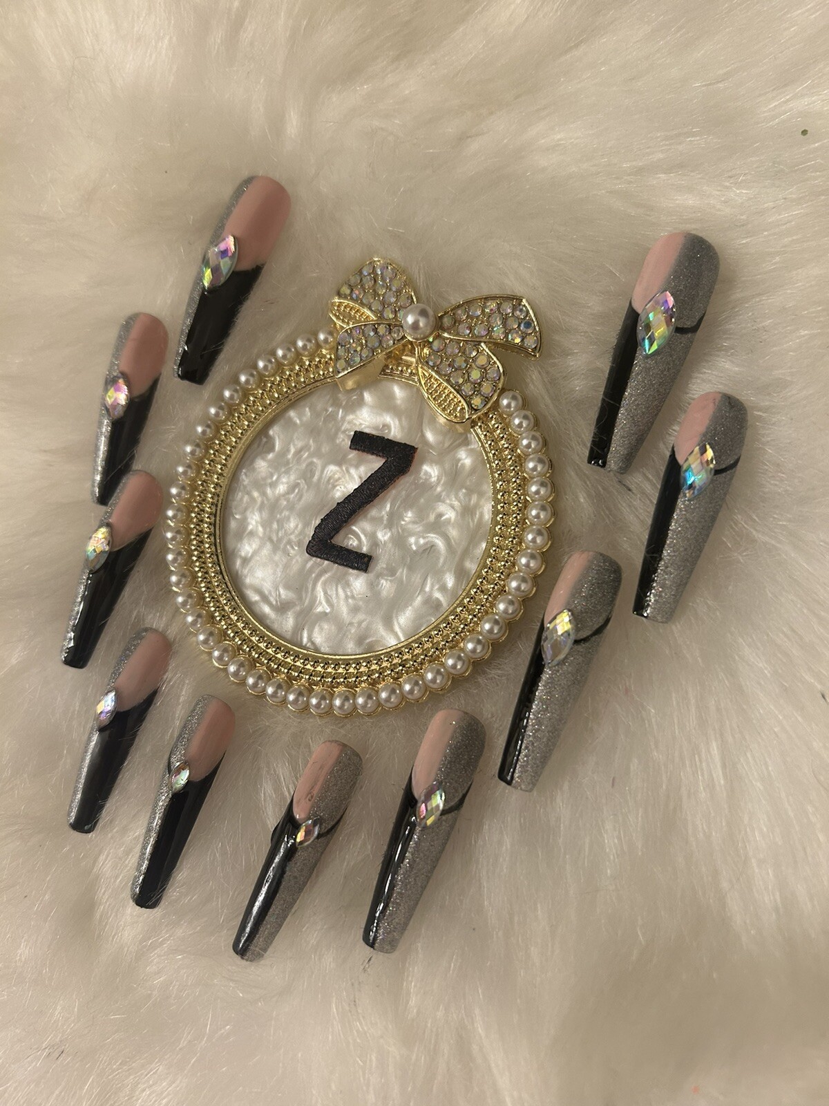 Z NAILZ! Gorgeous Set Of Handmade Black/Pink/Silver 2XL Square Press On Nails