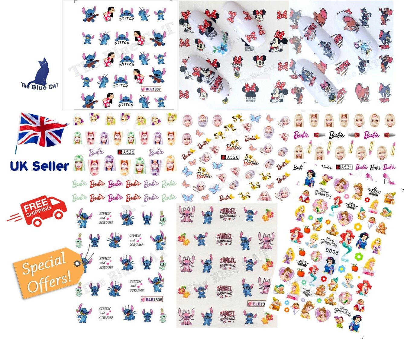 Nail Art Water Decals Sticker Disney Character, Barbies, Mickey, Princess Stitch