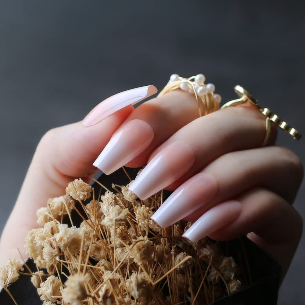 Natural Nude Pink Ombre Press On Nails Extra Long Coffin Ballerina Fake Nails