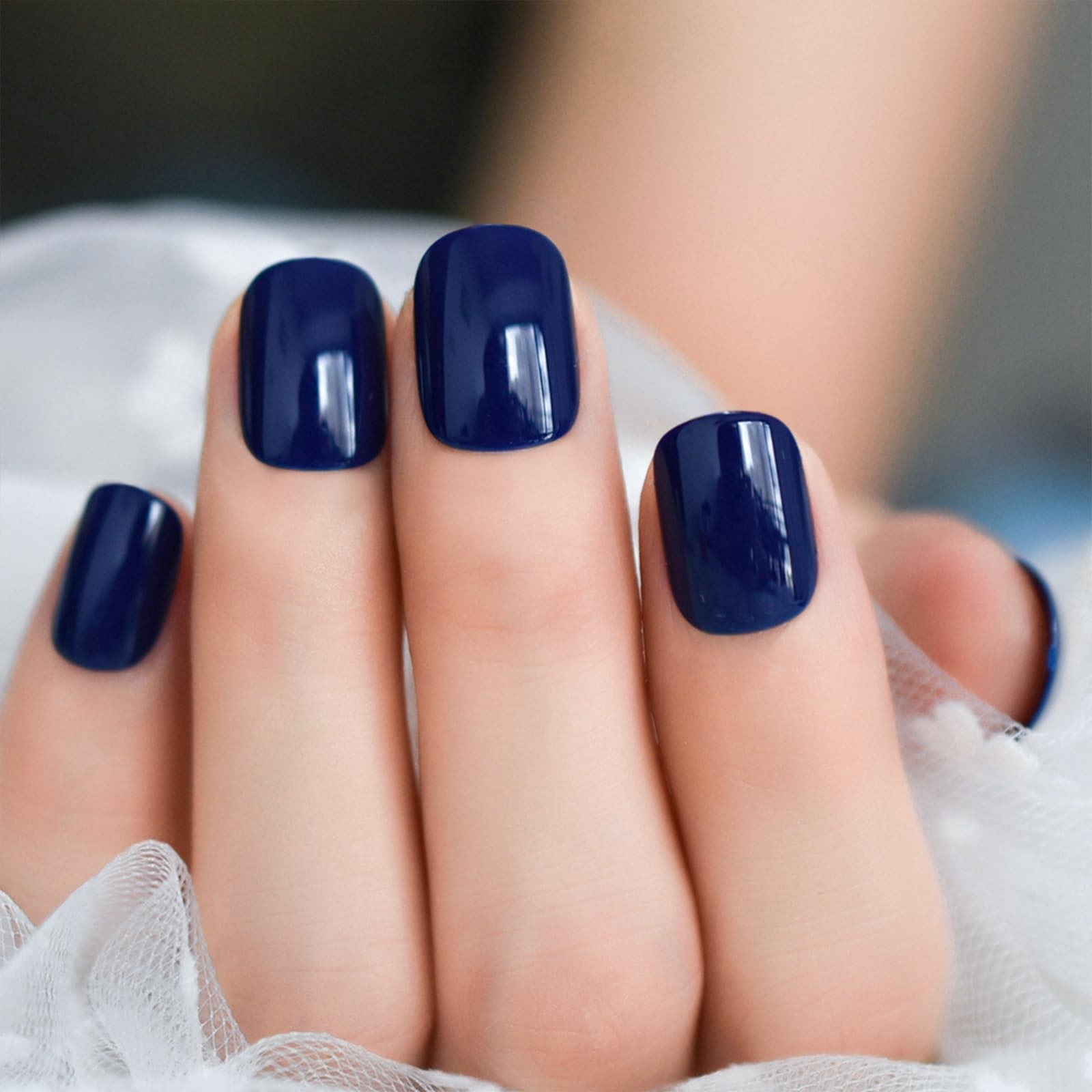 Shiny Glossy Dark Blue Press On Nails Short Round False Girls Squoval Nail Ar…