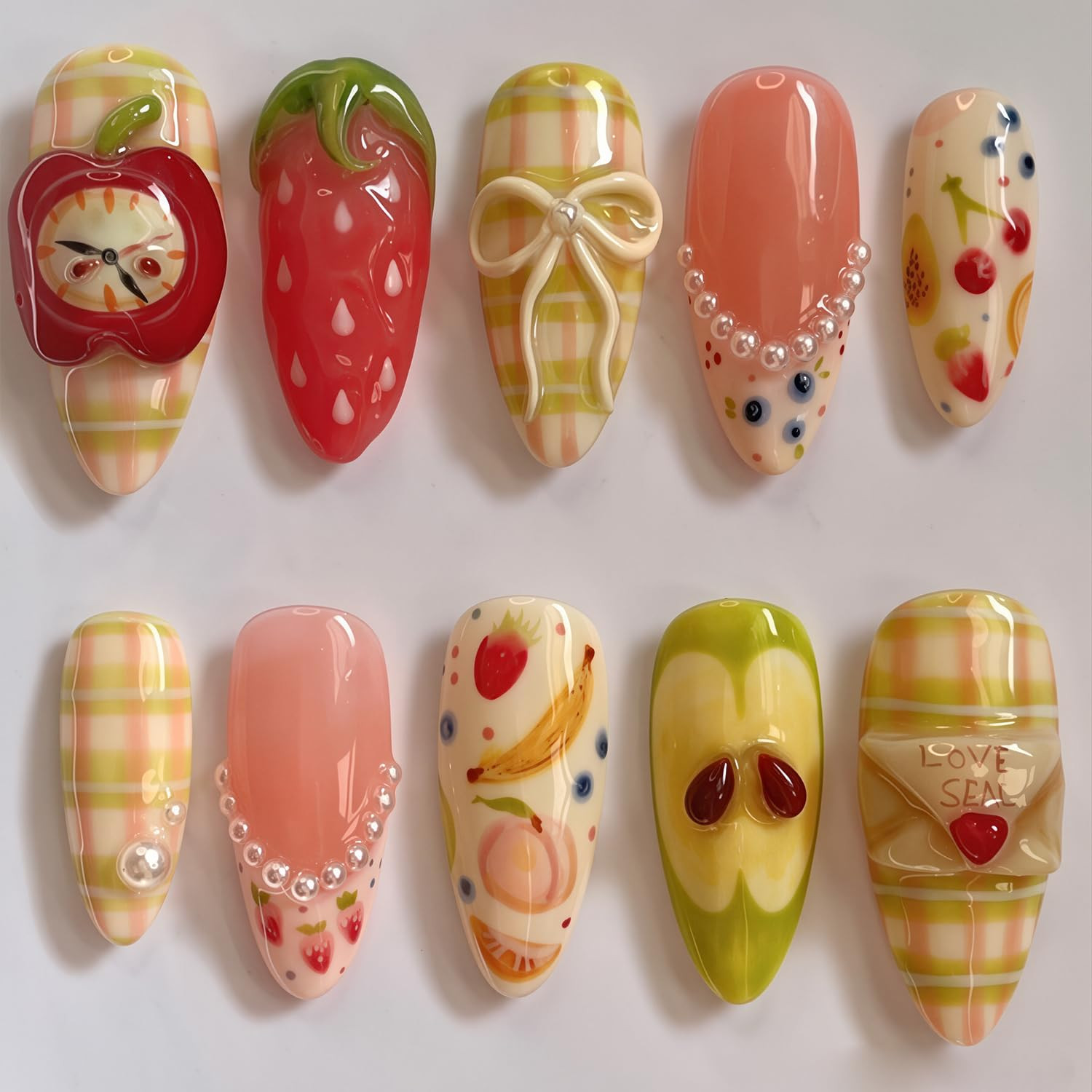 30Pcs Pink Press on Nails Medium Almond Fake Nails with Gold Beads 3D Flower Acr