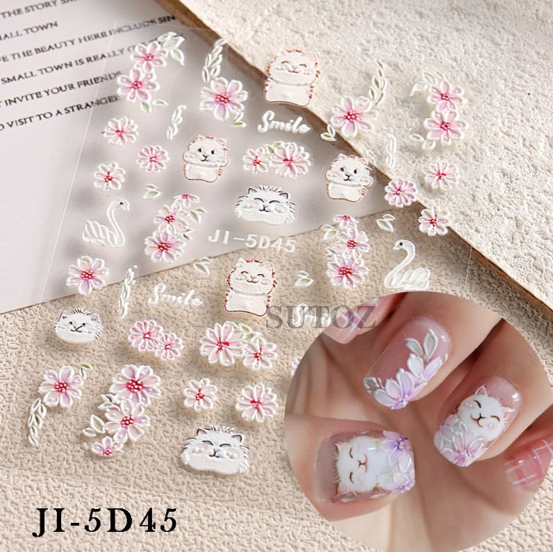 5D Embossed Pink Camellia Flowers Decals Nail Stickers Sliders Manicure JI5D45