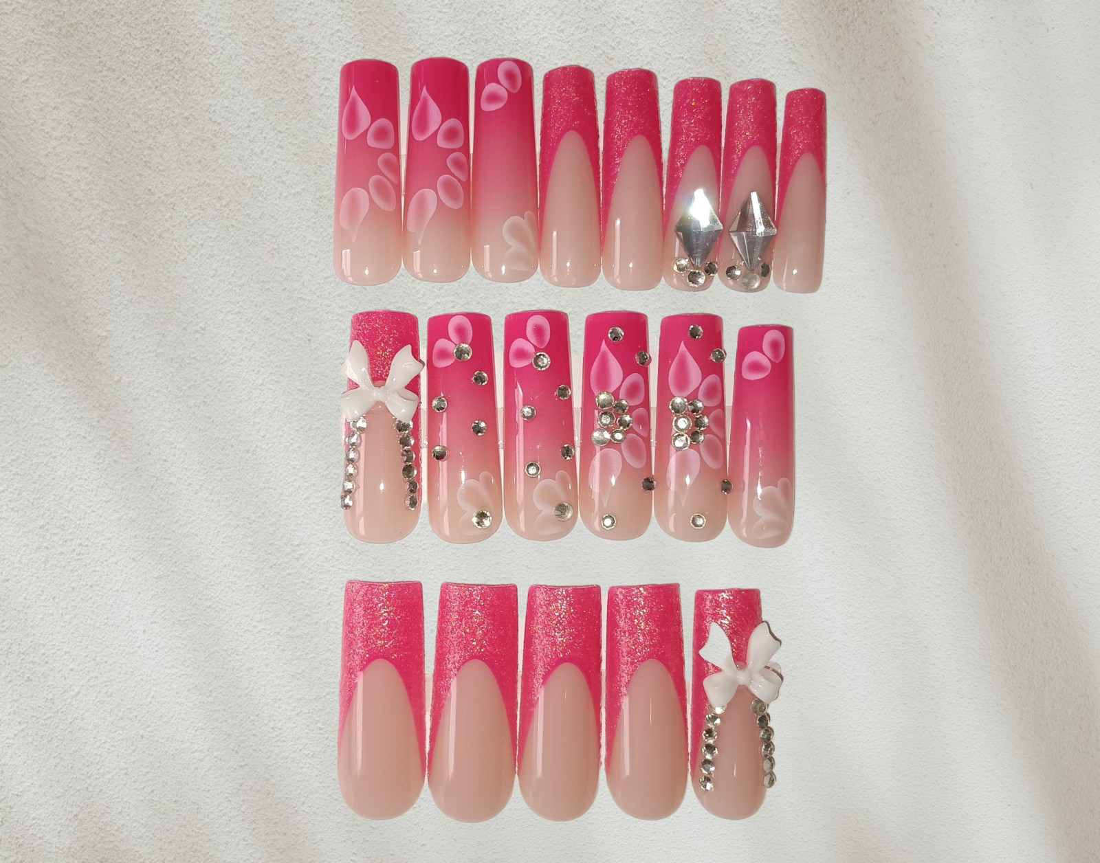 (New) Pink 3D Bow Rhinestone Long 24 Count Square Shape Nail Set /W Nail Glue