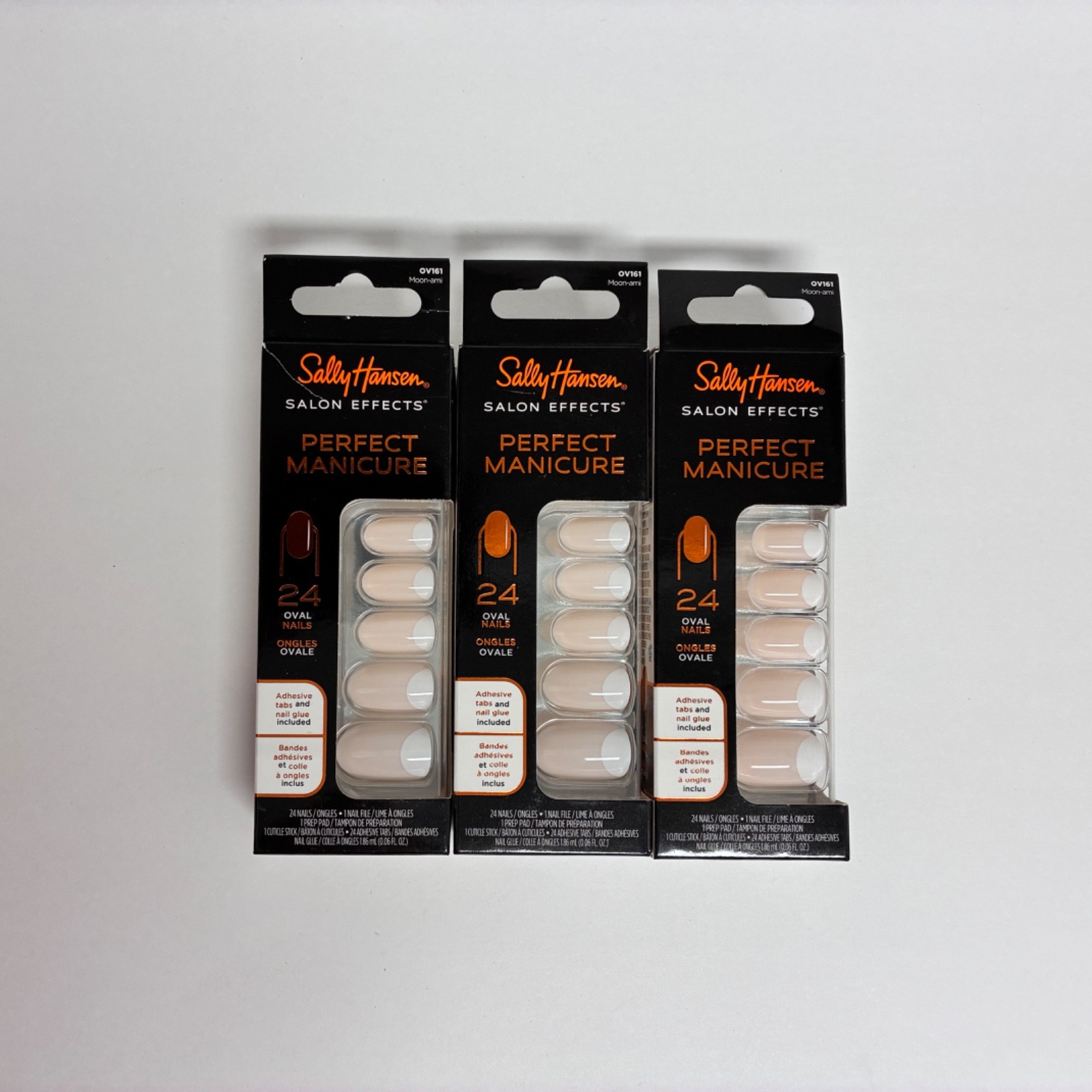 LOT of 3X Sally Hansen MOON-AMI OV161 Salon Perfect Manicure 24 OVAL Nails +GLUE