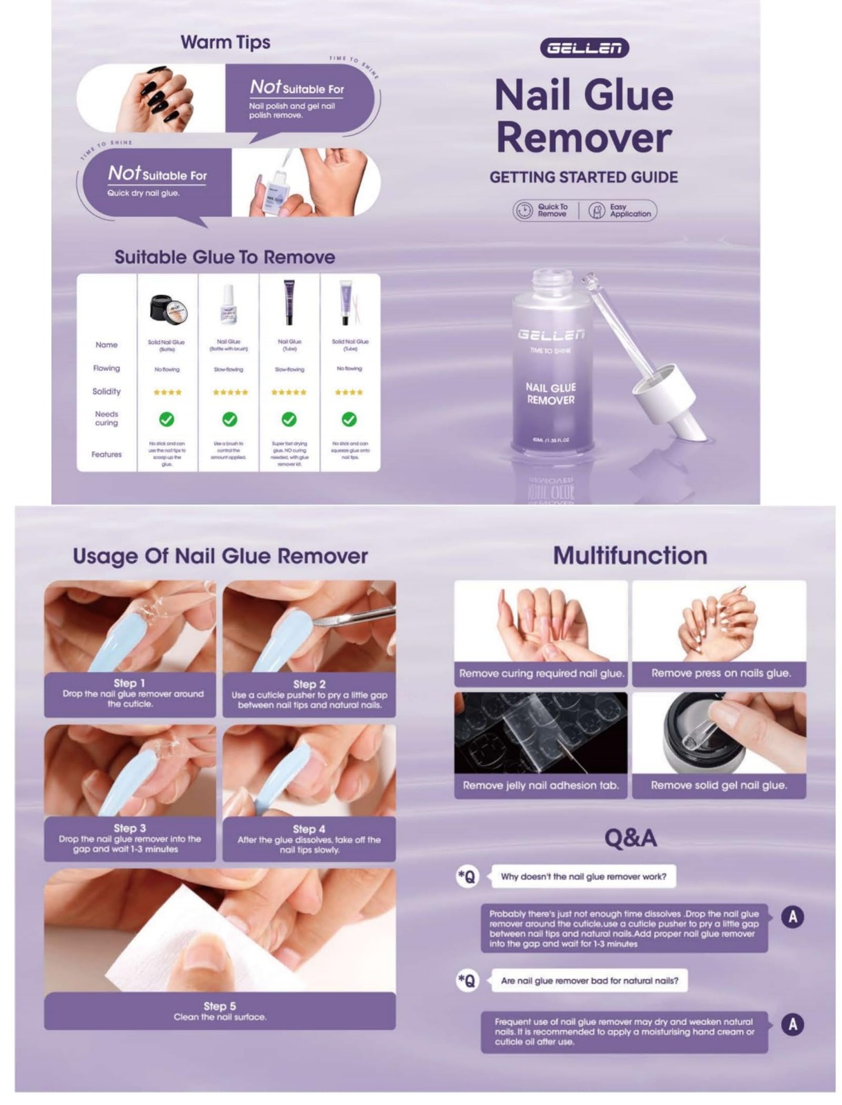Gellen Nail Glue Remover 40ml, Non-Acetone, Odorless, for Press On Nails
