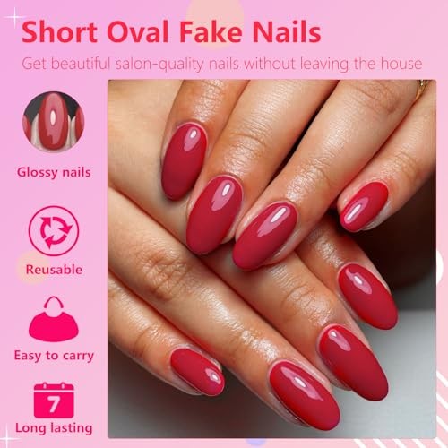 Oval Press on Nails Short Fake Nails, 240pcs Red Nails Press on Deep Red