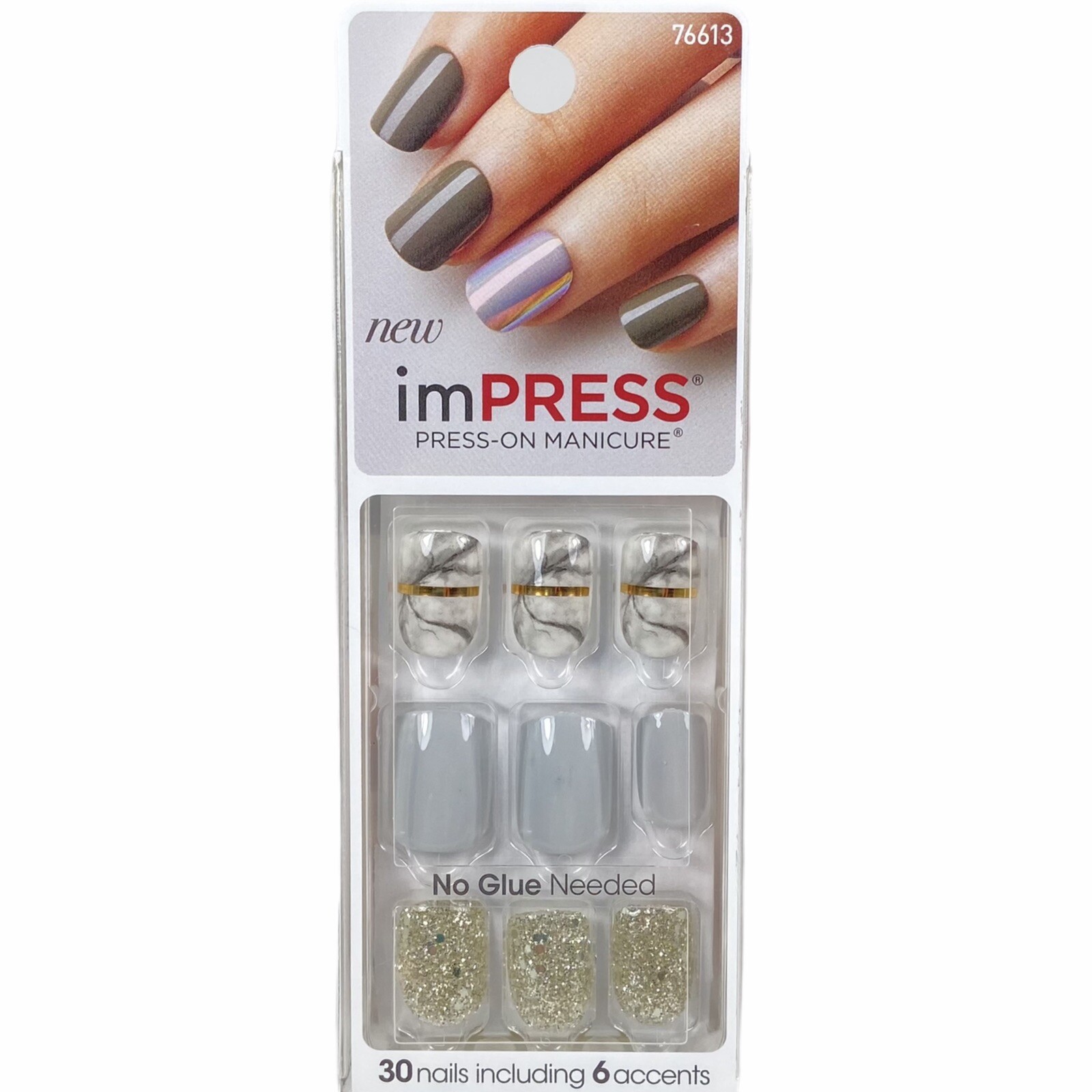 NEW Kiss Nails Impress Press On Manicure Short Gel Grey Gold Silver Marble