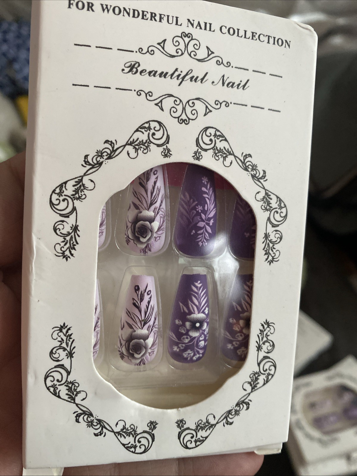 24pcs Purple Grey Floral Femme Coffin Nail Tips Finished Boxed Nails Glue & Tabs