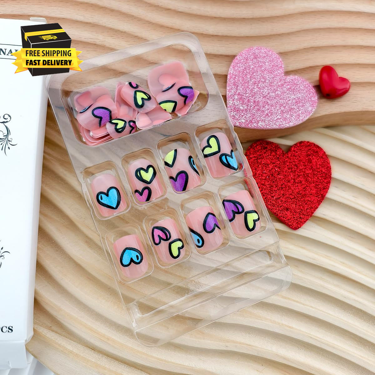 24Pcs Colorful Heart Press on Nails Short Square Fake Nails Blue Yellow Pink Hea