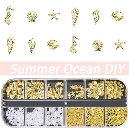 Summer Nail Charms 3D Steel Studs Metal Art Charms Pearls Seashell white
