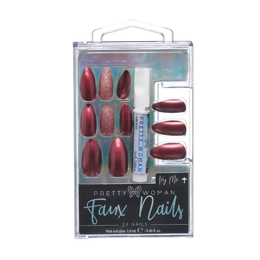 Pretty Woman Faux Nails—-Deep Red Color—Glue Included-24 Nails