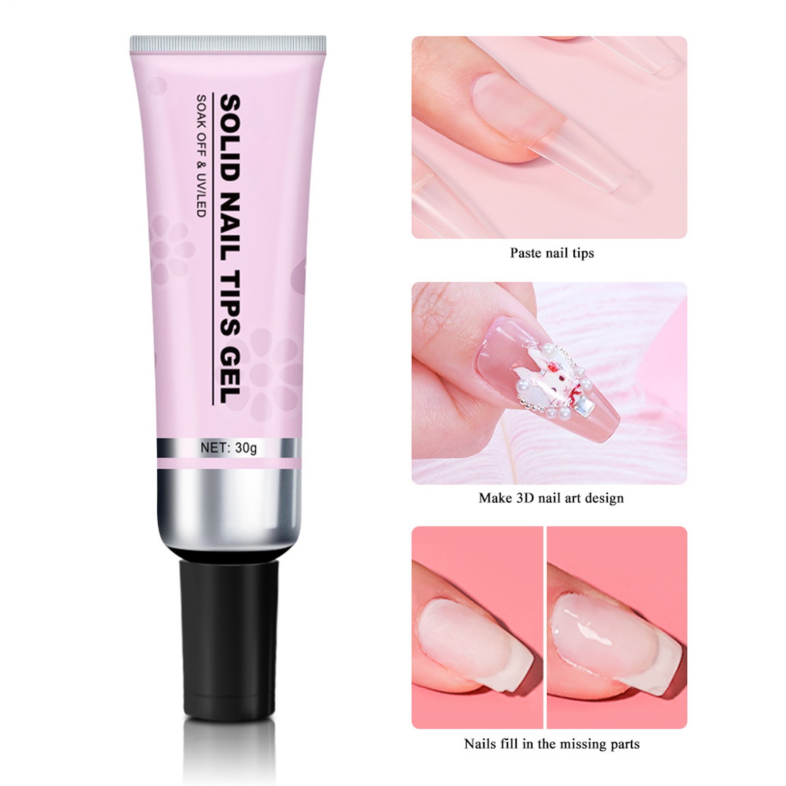 Solid Nail Glue Gel 30G Nail Gel Glue for Acrylic Nails, Soft Gel Nail Tips Glue