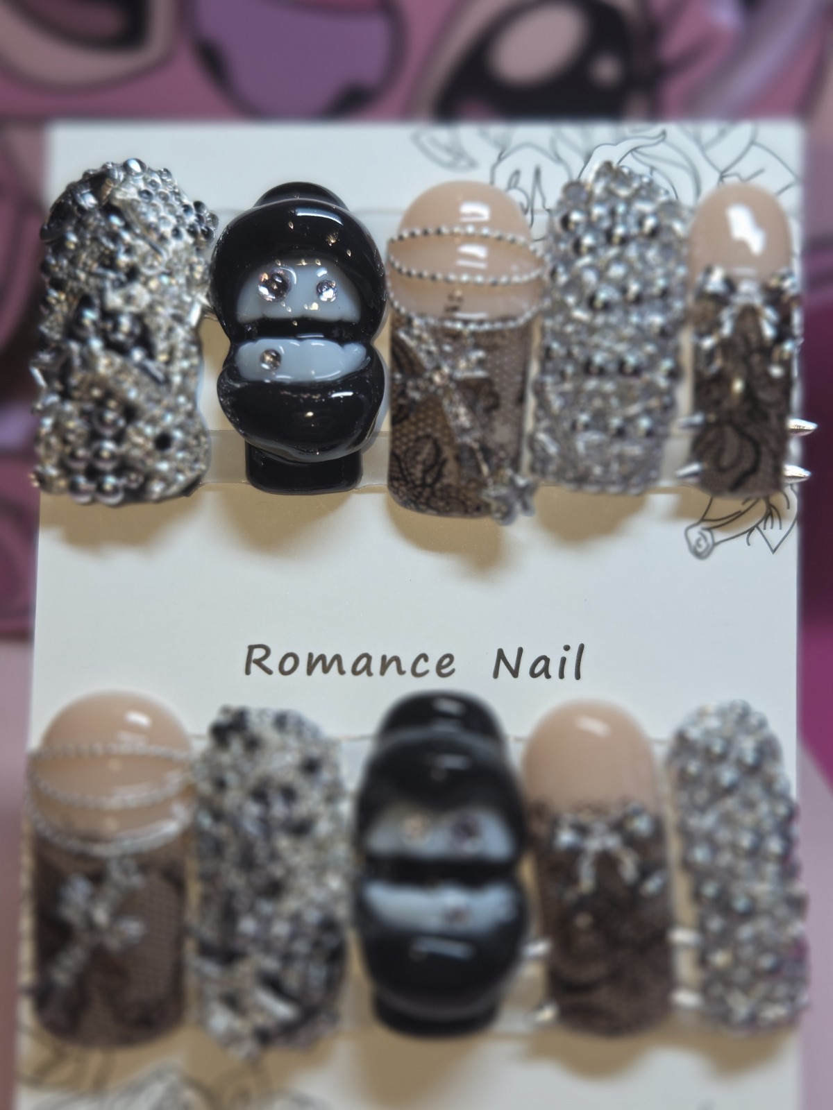 Press On Nails Handmade Medium Curvenail, black lace lips teeth cross necklace.