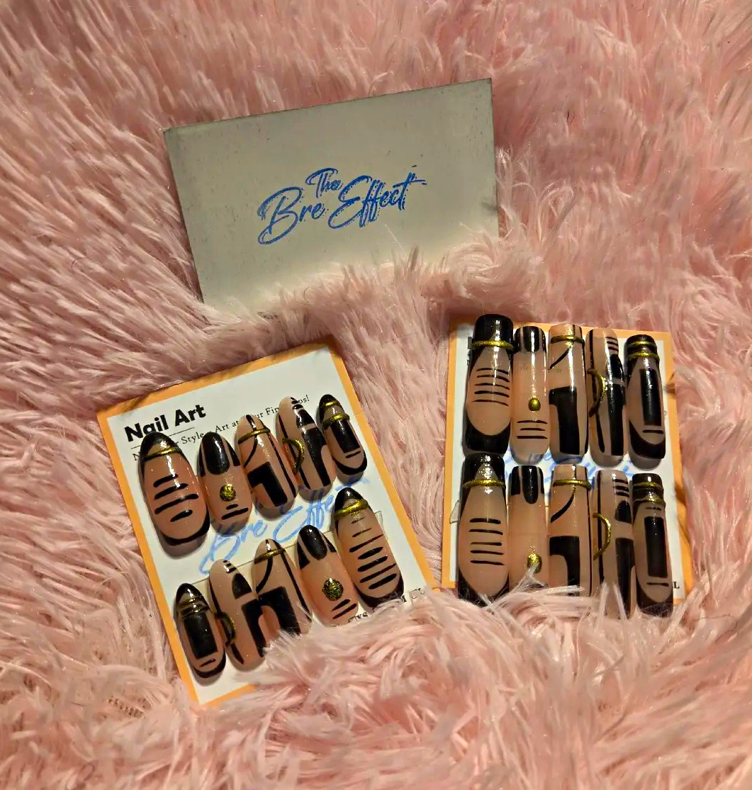 The Bre Effect Press-On Nails Coffin M 3D Full Cover Abstract Beige Black Gold
