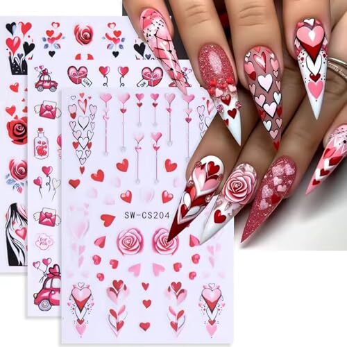 4Pcs Heart Nail Stickers,Valentine’s Day Nail Art Stickers 3D Retro Classic