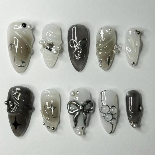 Black Press on Nails Medium Almond Fake Nails with 3D Alloy Bow Pearl Designs
