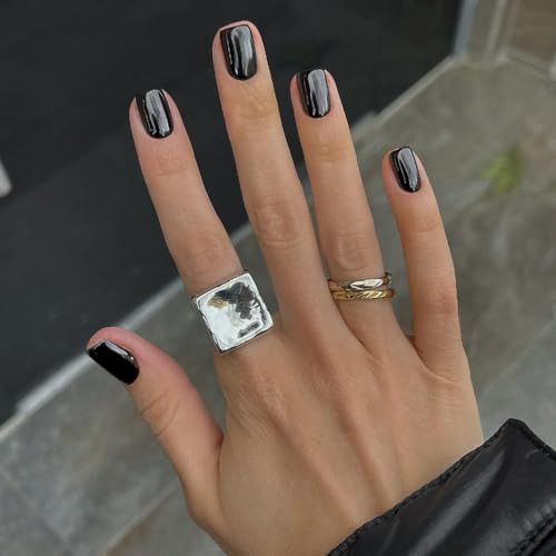 Mirror Metal Black Press on Nails Short Square, Chrome Glazed square black