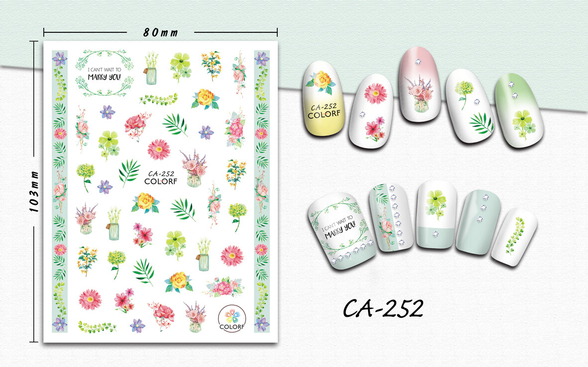 Nail art 3D stickers decal pink purple flowers green bunches CA252