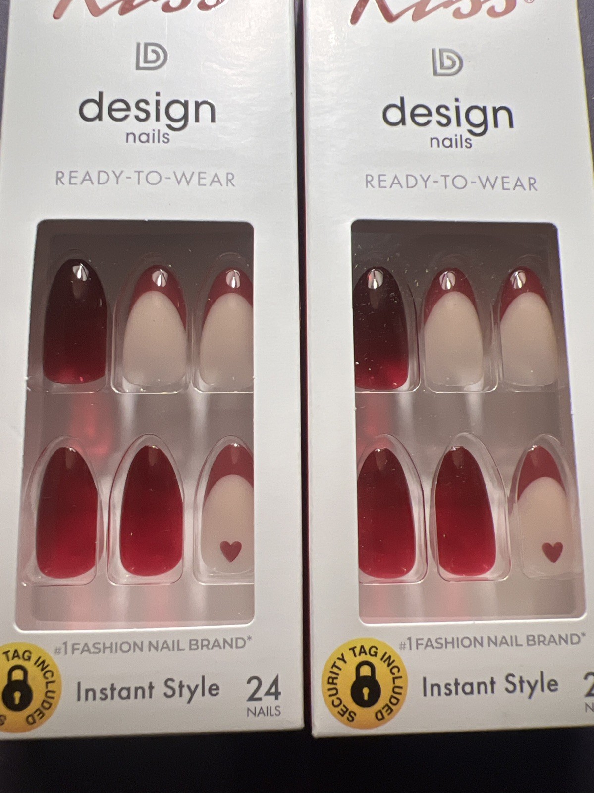 2x~Kiss Design Ready To Wear Glue Nails~Medium~Almond Shape~Red Ombré Tips Heart