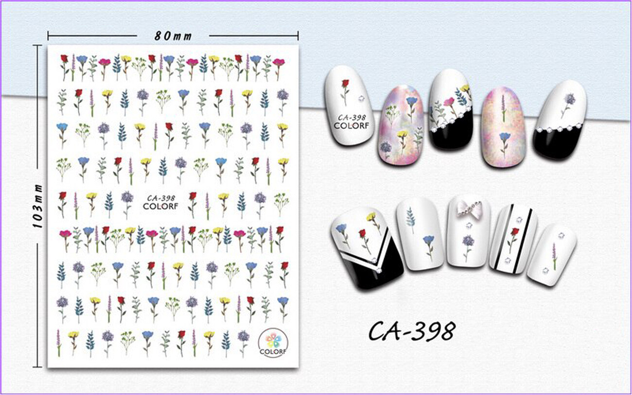 Nail art 3D stickers decal red blue purple yellow flowers green leaves CA398